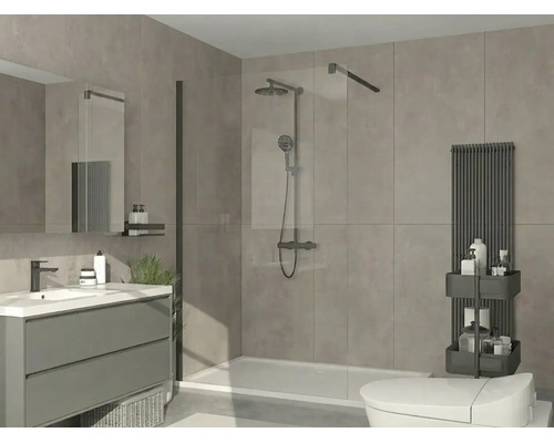 Modernt badrum med walk-in-dusch, glasvägg, svart duschsystem, grå kommod med tvättställ och svart handdukstork.