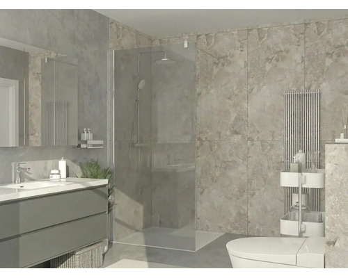 Modernt badrum med walk-in-dusch i glas, tvättställsskåp, väggplattor med stenskänsla och designradiator.