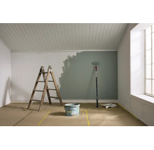 Renovering av ett rum med en vägg delvis målad i grågrönt. Trästege, färghink, roller och täckpapper på golvet syns.