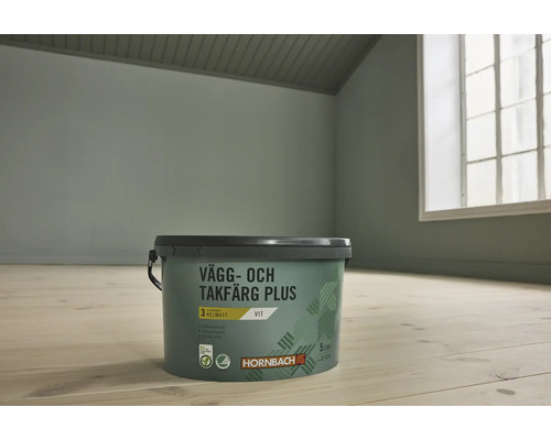 Hornbach vägg- och takfärg Plus i vitt, 5 liters hink, helmatt, för inomhusbruk.