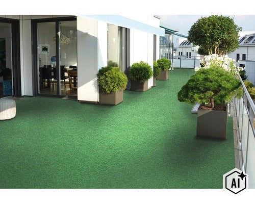 Modern takterrass med utlagd konstgräs och gröna växter i krukor framför en bostadshusfasad. (Image AI modified or generated)