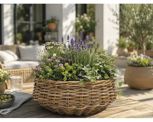 Flätad korg med lavendel, murgröna och vita blommor på ett träbord på en ljus, organiserad terrass med trädgårdsmöbler.