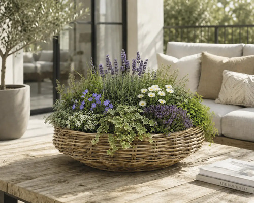 Rund flätad korg med lavendel, tusenskönor och murgröna på ett träbord i en ljus uteplatsmiljö med utemöbler.