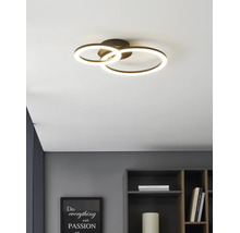 Modern LED-taklampa med två lysande ringar i ett ljust, organiserat rum ovanför en hylla.