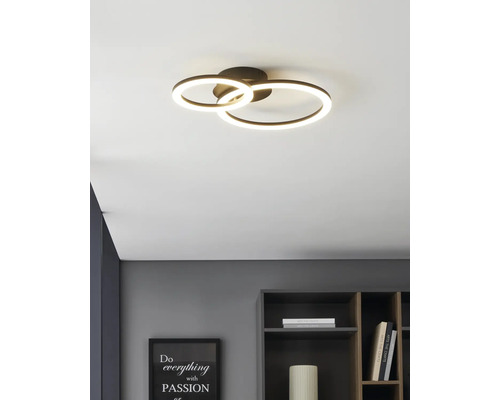 Modern LED-taklampa med två lysande ringar i ett ljust, organiserat rum ovanför en hylla.