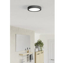 Rund LED-taklampa med mörk ram i ett ljust, modernt badrum med spegel, grön växt och träskåp.