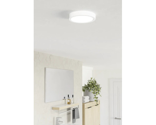 Rund LED-taklampa i ett ljust, modernt badrum ovanför en spegel med hylla och en krukväxt.
