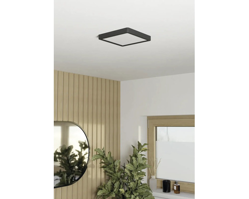 Fyrkantig LED-taklampa i ett ljust, modernt rum med väggpaneler i trälook, en oval spegel och en krukväxt.