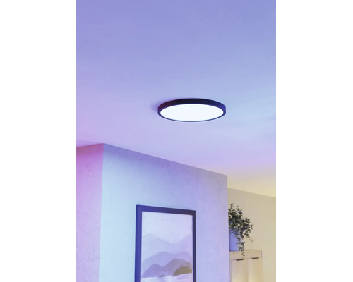Rund LED-taklampa med svart ram i ett modernt rum med lila ljus och en tavla på väggen.