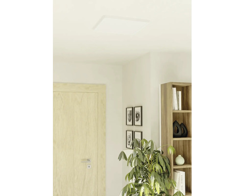 Platt, kvadratisk LED-panel som taklampa i ett ljust, modernt vardagsrum med trädörr och krukväxt.