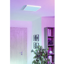 Modern kvadratisk LED-panel i taket i ett vardagsrum med violett belysning, trädörr, bokhylla och krukväxt.