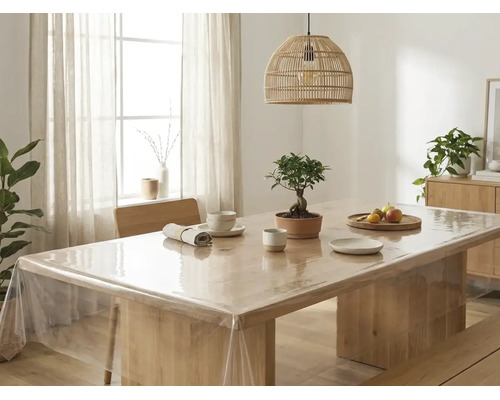 Genomskinlig bordsduk av plast på ett ljust träbord i en ljus, organiserad matsal med en flätad lampa och en bonsai.