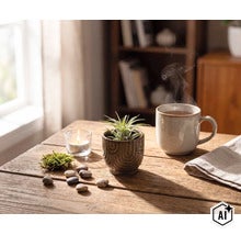Tillandsia luftplanta i en dekorativ keramikpott på ett träbord bredvid en rykande mugg och ett tänt ljus. (Image AI modified or generated)