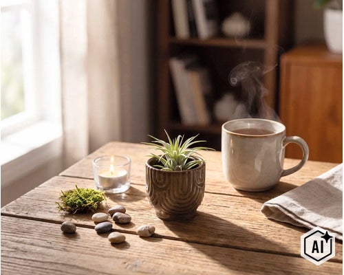 Tillandsia luftplanta i en dekorativ keramikpott på ett träbord bredvid en rykande mugg och ett tänt ljus. (Image AI modified or generated)