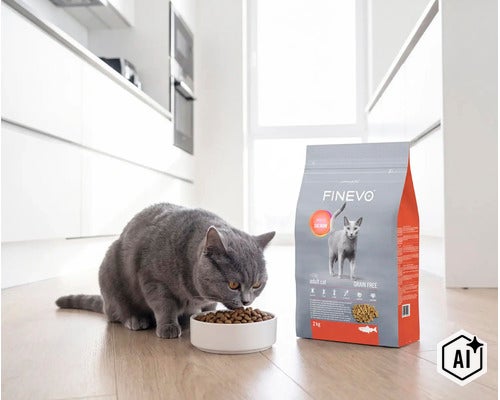 Grå katt äter torrfoder ur en skål bredvid en förpackning Finevo kattmat i ett ljust kök. (Image AI modified or generated)