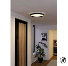 Platt, rund LED-taklampa med svart ram, tänd i en modernt inredd hall med trädörr och växt. (Image AI modified or generated)