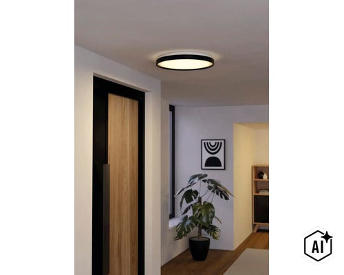 Platt, rund LED-taklampa med svart ram, tänd i en modernt inredd hall med trädörr och växt. (Image AI modified or generated)