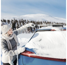 Person tar bort snö från ett biltak med en utdragbar snöborste i ett vinterlandskap.