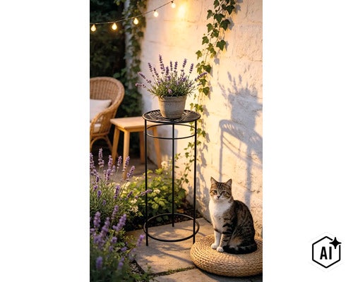 Trädgårdsscen med ett växtställ i metall med lavendel framför en stenmur och en katt som sitter på en sittdyna. (Image AI modified or generated)