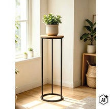 Runt blomsterställ med träskiva och svart metallram i ett ljust vardagsrum med växter. (Image AI modified or generated)