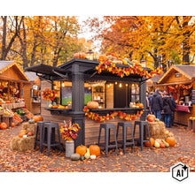 Höstigt marknadsstånd utomhus med pumpor, halmbalar och barstolar, dekorerat med höstlöv framför en skog på hösten. (Image AI modified or generated)