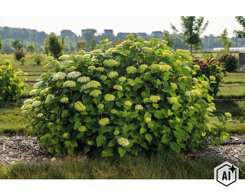 Blommande hortensiabuske i trädgården med många runda blomställningar och gröna blad. (Image AI modified or generated)
