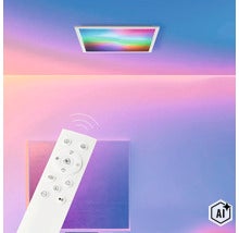 Fyrkantig LED taklampa med fjärrkontroll för styrning av RGB färgljus och ljusintensitet. (Image AI modified or generated)