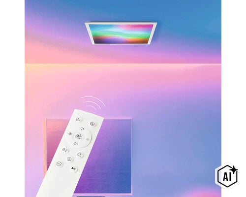Fyrkantig LED taklampa med fjärrkontroll för styrning av RGB färgljus och ljusintensitet. (Image AI modified or generated)