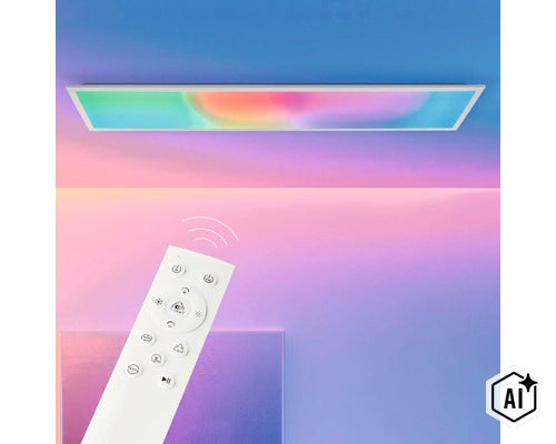 Rektangulär LED takpanel med fjärrkontroll för kontroll av RGB och ljusfärg (Image AI modified or generated)