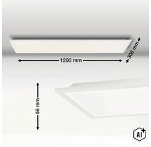 Rektangulär LED panel med mått 1200 mm längd, 300 mm bredd och 56 mm höjd. (Image AI modified or generated)
