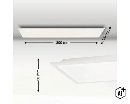 Rektangulär LED panel med mått 1200 mm längd, 300 mm bredd och 56 mm höjd. (Image AI modified or generated)