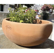 Rund växtskål av terrakotta med handgjord Terraneo-logotyp, planterad med blommor, lämplig för trädgård och terrass.