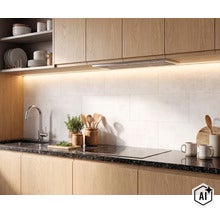 Modernt kök med träfronter, mörk granitskiva och vitt kakel, kompletterat med indirekt LED-belysning. (Image AI modified or generated)