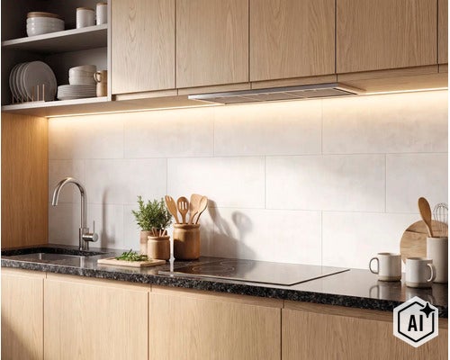 Modernt kök med träfronter, mörk granitskiva och vitt kakel, kompletterat med indirekt LED-belysning. (Image AI modified or generated)
