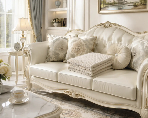 Klassisk soffa i barockstil med svängd träram och knapphäftad klädsel i ett elegant inrett vardagsrum med prydnadskuddar.