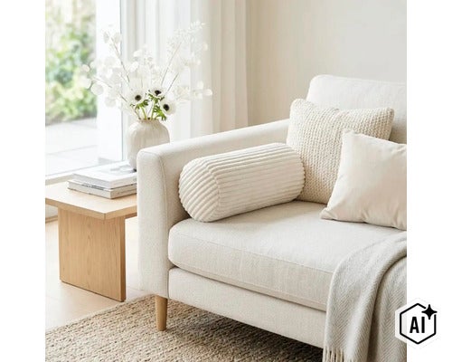 En ljus soffa med nackkudde i manchester, prydnadskuddar och en pläd i ett modernt vardagsrum med sidobord och blomvas. (Image AI modified or generated)