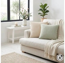 Ljust vardagsrum med soffa, strukturerade prydnadskuddar, pläd, sidobord med blomvas och krukväxt i en modern inredning. (Image AI modified or generated)