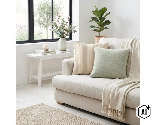 Ljust vardagsrum med soffa, strukturerade prydnadskuddar, pläd, sidobord med blomvas och krukväxt i en modern inredning. (Image AI modified or generated)