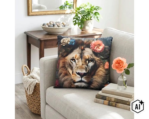 Prydnadskudde med lejonmotiv och blommor på en soffa i ett hemtrevligt inrett vardagsrum. (Image AI modified or generated)