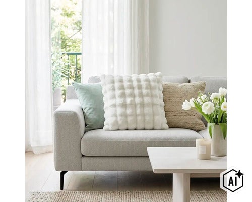 Ett ljust vardagsrum med en soffa dekorerad med tre olika prydnadskuddar samt ett soffbord med en vas fylld med blommor. (Image AI modified or generated)