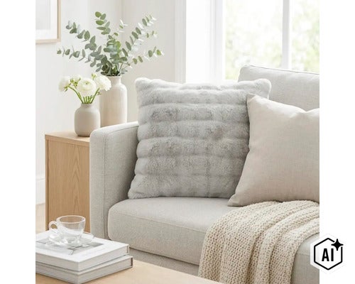 Fyrkantig soffkudde med ett mjukt överdrag i fuskpäls med strukturerad design placerad i en modern soffa. (Image AI modified or generated)