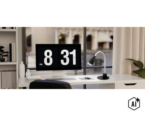 Modern skrivbordslampa med flexibel arm på ett skrivbord framför ett fönster bredvid en datorskärm i ett ljust kontor. (Image AI modified or generated)