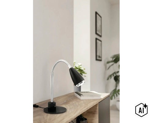 Modern skrivbordslampa med flexibel hals på en trähylla i ett ljust rum. (Image AI modified or generated)