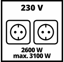 Symbol för två eluttag med 230 Volt spänning och en effekt på 2600 Watt upp till maximalt 3100 Watt.