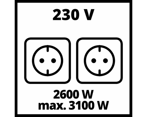 Symbol för två eluttag med 230 Volt spänning och en effekt på 2600 Watt upp till maximalt 3100 Watt.