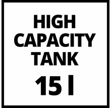 Symbol med texten High Capacity Tank 15 liter för produkter med stor tankvolym