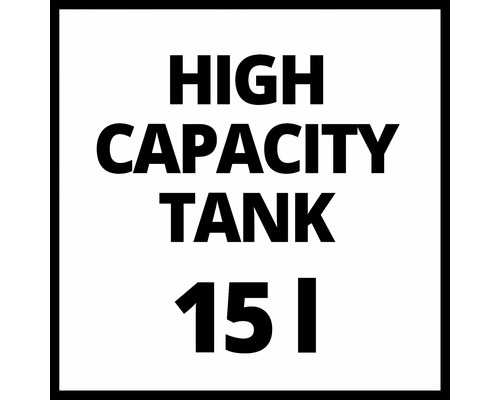 Symbol med texten High Capacity Tank 15 liter för produkter med stor tankvolym