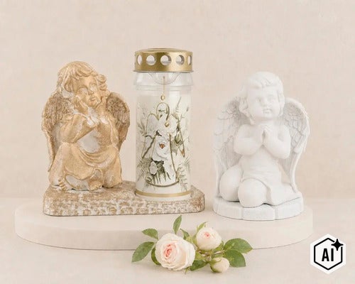 Gravdekoration set bestående av två änglafigurer i konststen och ett gravljus med blommönster på en sockel. (Image AI modified or generated)
