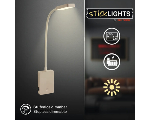 LED vägglampa Sticklights från Briloner med flexibel arm, batteridriven med USB laddning, självhäftande och steglöst dimbar.
