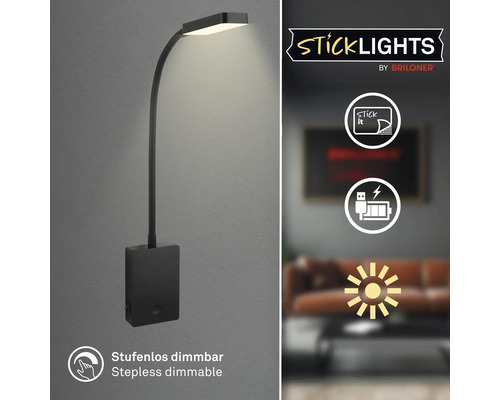 LED vägglampa med flexibel arm, väggmontering genom limning, uppladdningsbar via USB och steglöst dimbar, Briloner Sticklights logotyp.